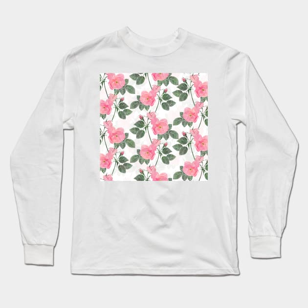 Elegant Pink Roses Floral Painting White Design Long Sleeve T-Shirt by NdesignTrend